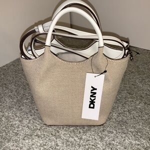 Canvas beige DKNY GWEN Crossbody Tan and White Mini Tote Bag Top-handle